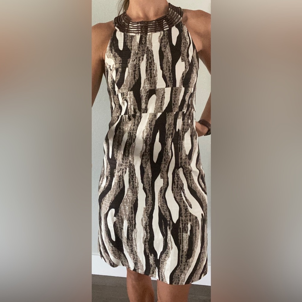 Ann Taylor size 2 printed dress cocktail length with beaded neckline